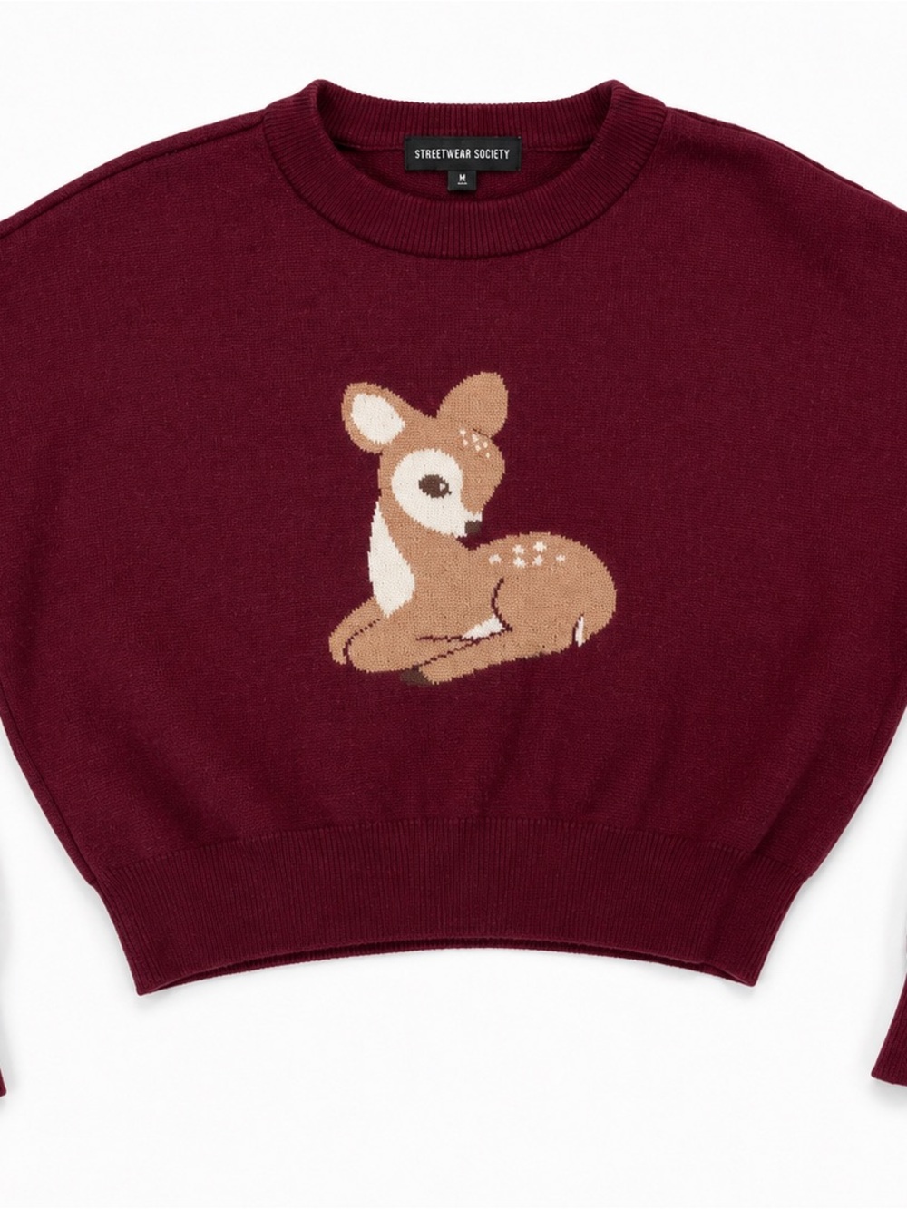Streetwear Society Burgundy Crewneck Sweater with Deer Motif